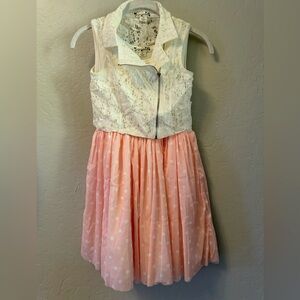 Pink polka dot girls dress with zip up white lace vest. Size 10. Never worn.